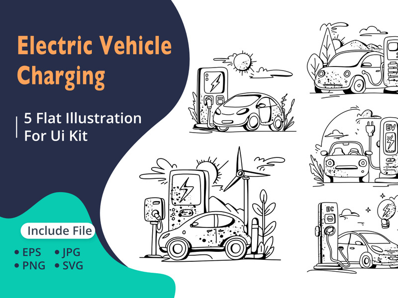 Flat Illustration of an Electric Vehicle Charging Station