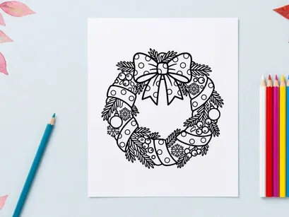 Página para colorir de grinalda de Natal com laço festivo e enfeites para atividades de arte natalina