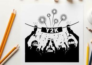 Y2k celebration silhouette with fireworks and confetti