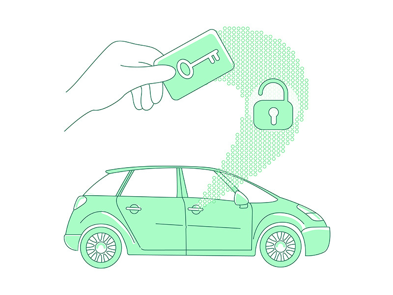 Keycard and keyless lock, car access thin line concept vector illustration