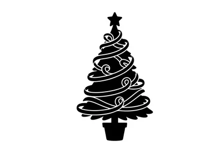 Black silhouette of a decorated Christmas tree with a star topper on white background