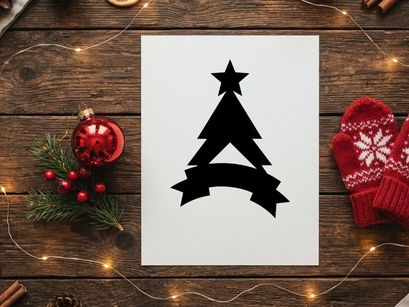 Black Christmas tree silhouette with star topper and blank banner for holiday design