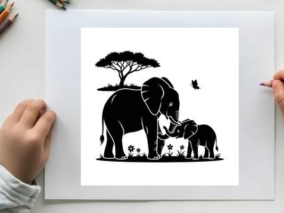 Silhouette of mother and baby elephant with tree and butterfly