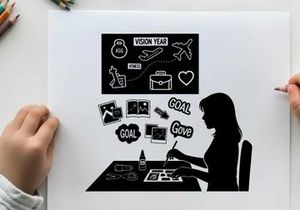 Silhouette of woman planning vision board with goals and inspiration