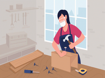 Female cabinetmaker driving nails with hammer flat color animated illustration preview picture