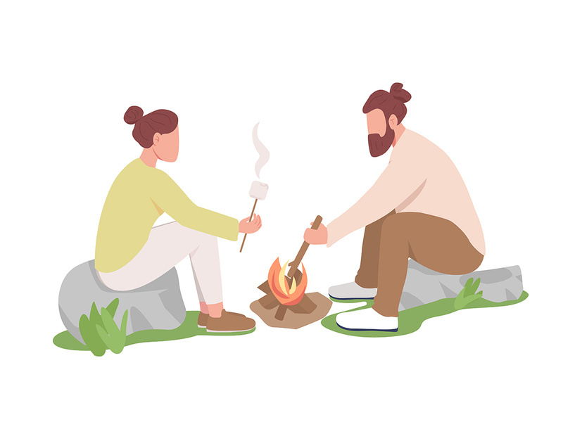 Couple roasting marshmallows on sticks flat color vector characters