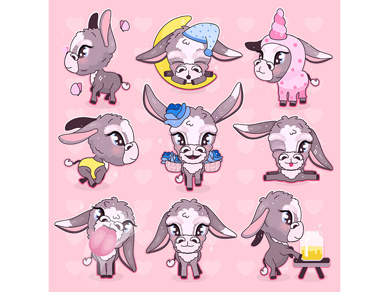 Cute donkey kawaii cartoon vector characters set
