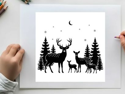 Deer family silhouette under starry night sky with trees