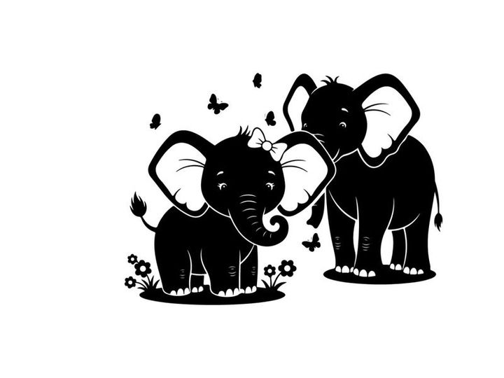 Silhouette of two cute elephants with butterflies and flowers