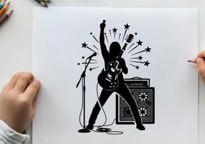 Silhouette of a rockstar playing electric guitar with silhouette