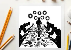 Silhouette of people gathered around a festive holiday dinner table with wreaths