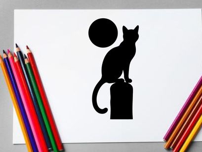 Silhouette of a Cat Sitting on a Block with a Full Moon in the Night Sky