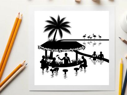 Silhouette of people on a boat under a palm tree