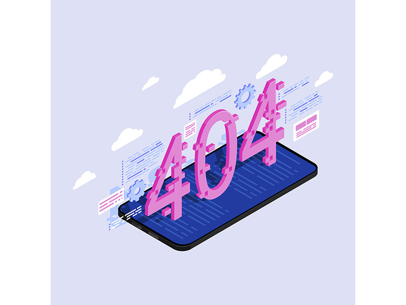 404 numbers on smartphone screen isometric illustration