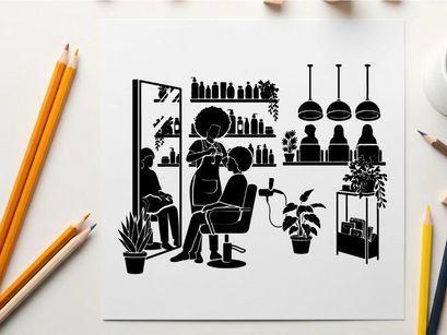 Silhouette of a hair salon with customers and stylists