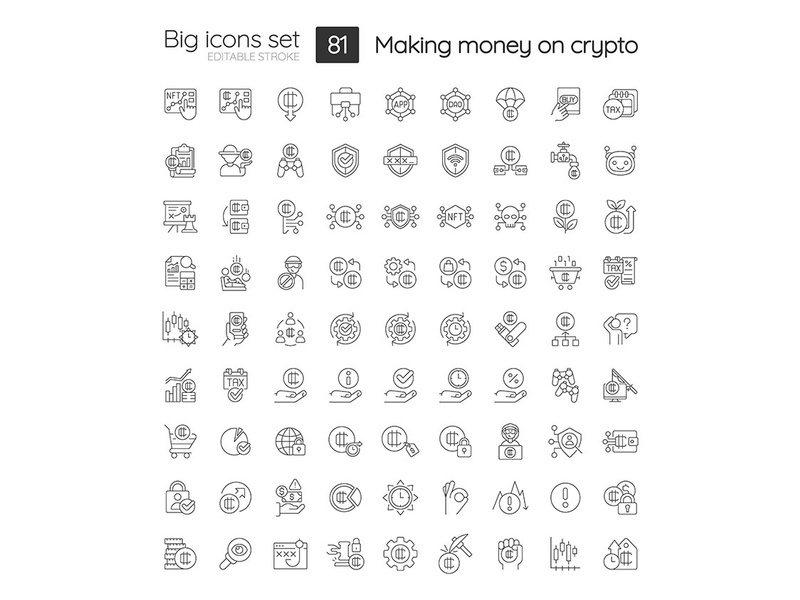 Making money on crypto linear icons set