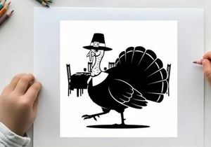 Silhouette of a pilgrim turkey in a hat walking to a table