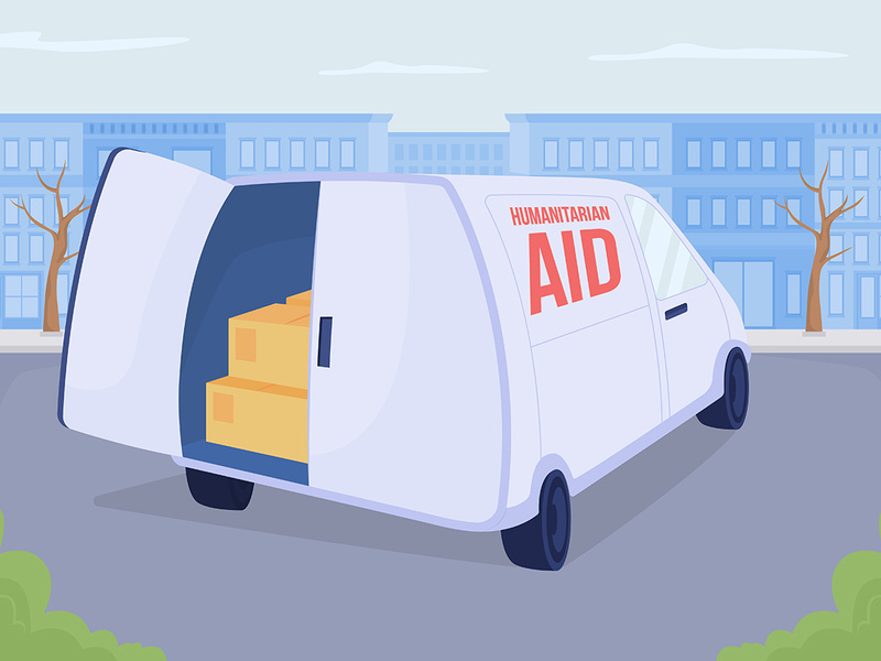 Delivering humanitarian aid to Ukraine flat color vector illustration