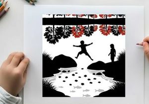 Silhouette of a child jumping over a stream with another child watching