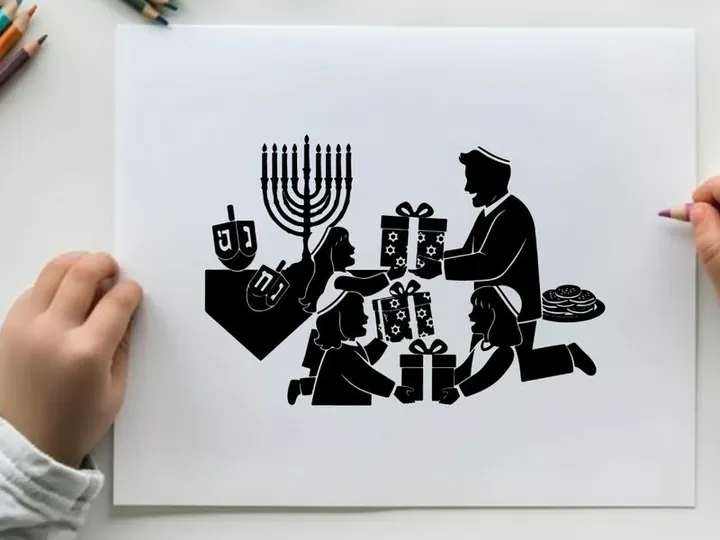 Hanukkah celebration with silhouette family and traditional symbols
