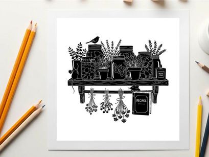 Silhouette of a bird on a shelf with potted plants and herbs