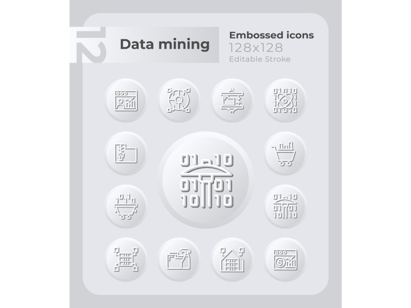 Data mining techniques embossed icons set