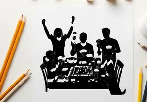Silhouette of four people celebrating at a gaming table