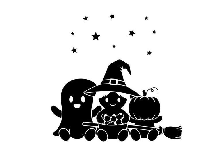 Halloween silhouette of ghost witch cat and jack o lantern on a train