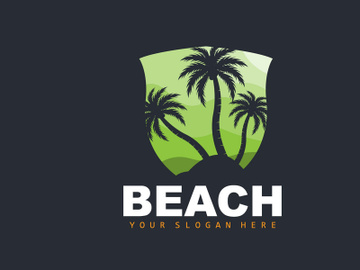 Coconut Tree Logo With Beach Atmosphere, Beach Plant Vector, Sunset View Design preview picture