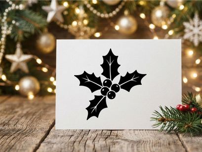 Black and white holly leaves and berries icon for Christmas holiday design elements.