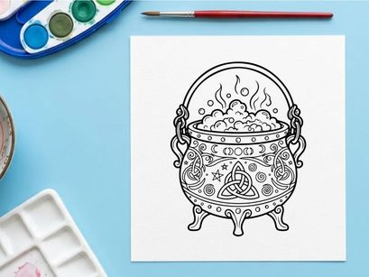 Cauldron with magical potion bubbling over flames. Enchanted witchcraft brew steaming in ornate ritual vessel.