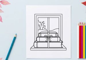 Christmas books gift stack on window sill, winter holiday coloring page illustration.