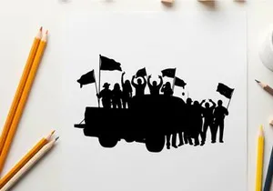Silhouette of people on a truck waving flags in celebration