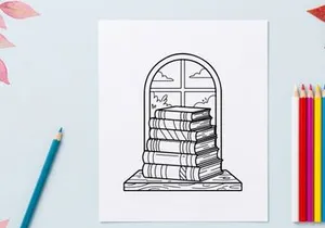 Libros vintage apilados en nicho navideño en forma de cruz con brillo festivo
