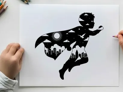 Ilustración vectorial de silueta de superhéroe infantil con paisaje urbano