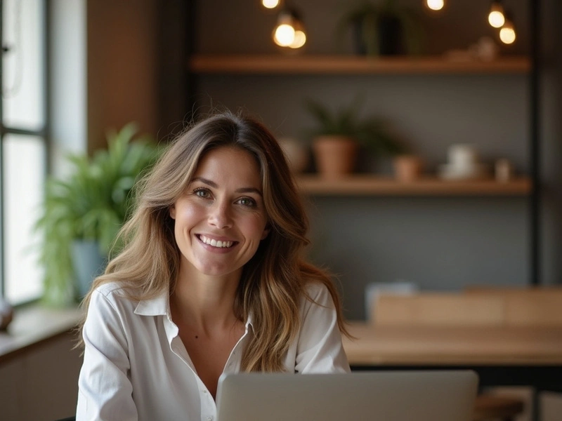 A smiling entrepreneur working on a laptop.