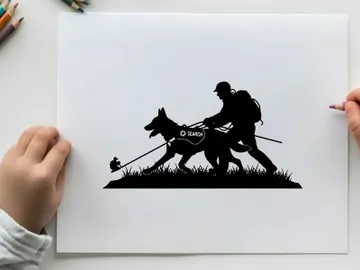Silhouette of a man and dog hiking with backpack and leash preview picture
