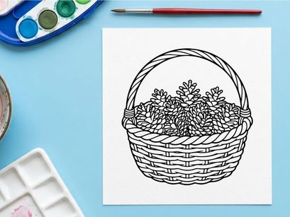 Line art illustration of a wicker basket filled with pine cones
