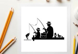 Silhouette of two men fishing on a boat with ducks