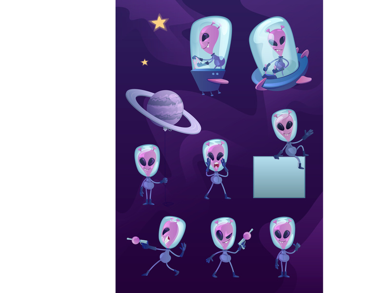 Extraterrestrial 2d cartoon character illustrations kit