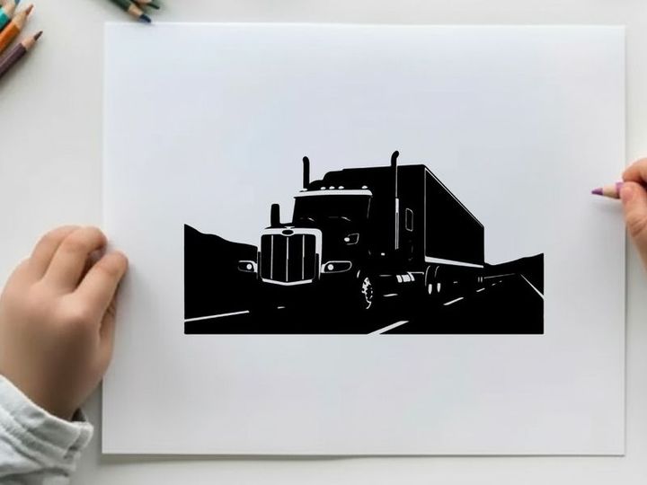 Semi truck silhouette driving on highway with mountains