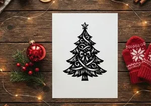 Black and white Christmas tree illustration with decorative ribbons and a star topper.