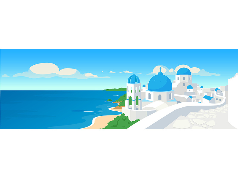 Greek coastal town flat color vector illustration