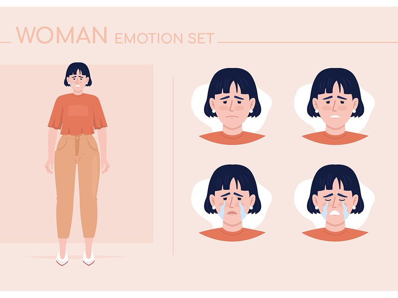 Upset young woman semi flat color character emotions set