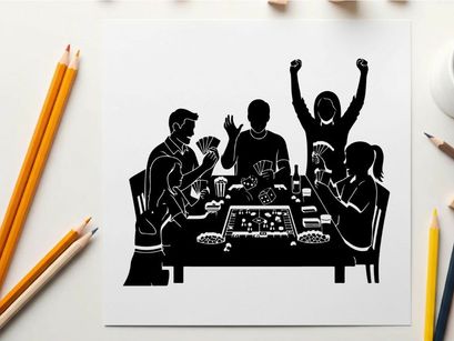 Silhouette of people playing board game with excitement and joy
