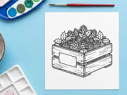 Christmas wooden crate with pine cones and holly leaves line art illustration