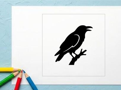 Silhouette of a Crow Perched on a Branch in Black and White