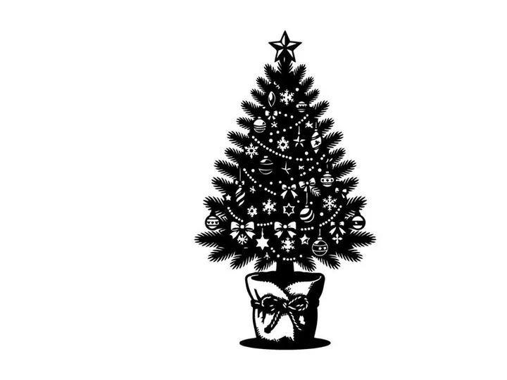 Black and white Christmas tree illustration with ornaments and star in a decorative pot.