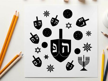 Hanukkah symbols including dreidels menorah and star of david silhouette