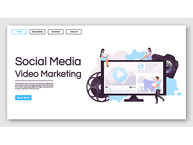 Social media video marketing landing page vector template